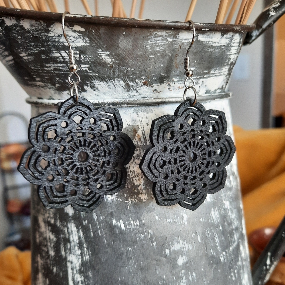 Boho Black Flower Wood Earrings